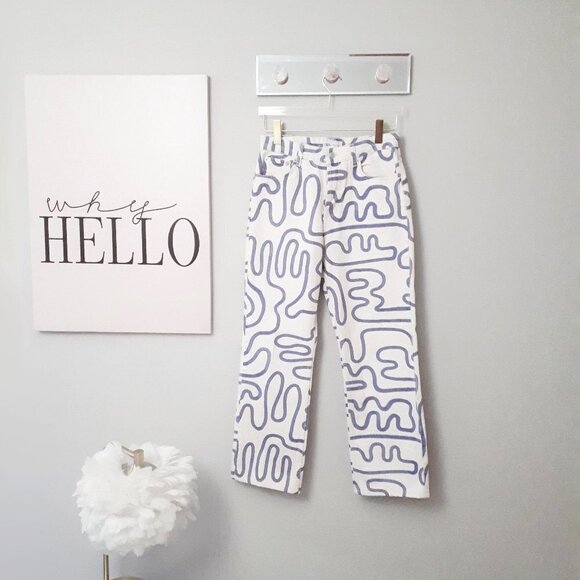 NWOT Zara beige cream & purple swirl graffiti printed straight high waist jeans - Picture 7 of 10